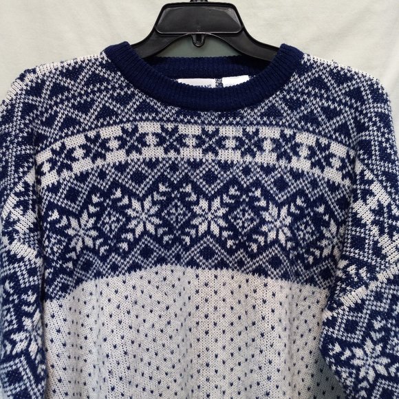 Vintage Men's Blue White Nordic Fair Isle Winter Knit Sweater  LG (T-346) - Picture 3 of 11